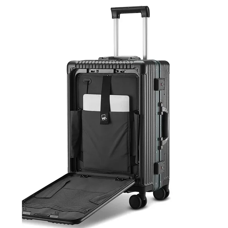 20 Inch Suitcase Front Opening Aluminum Frame Rolling Luggage Rotator USB Cup Holder Phone Holder Zipper Style Suitcase