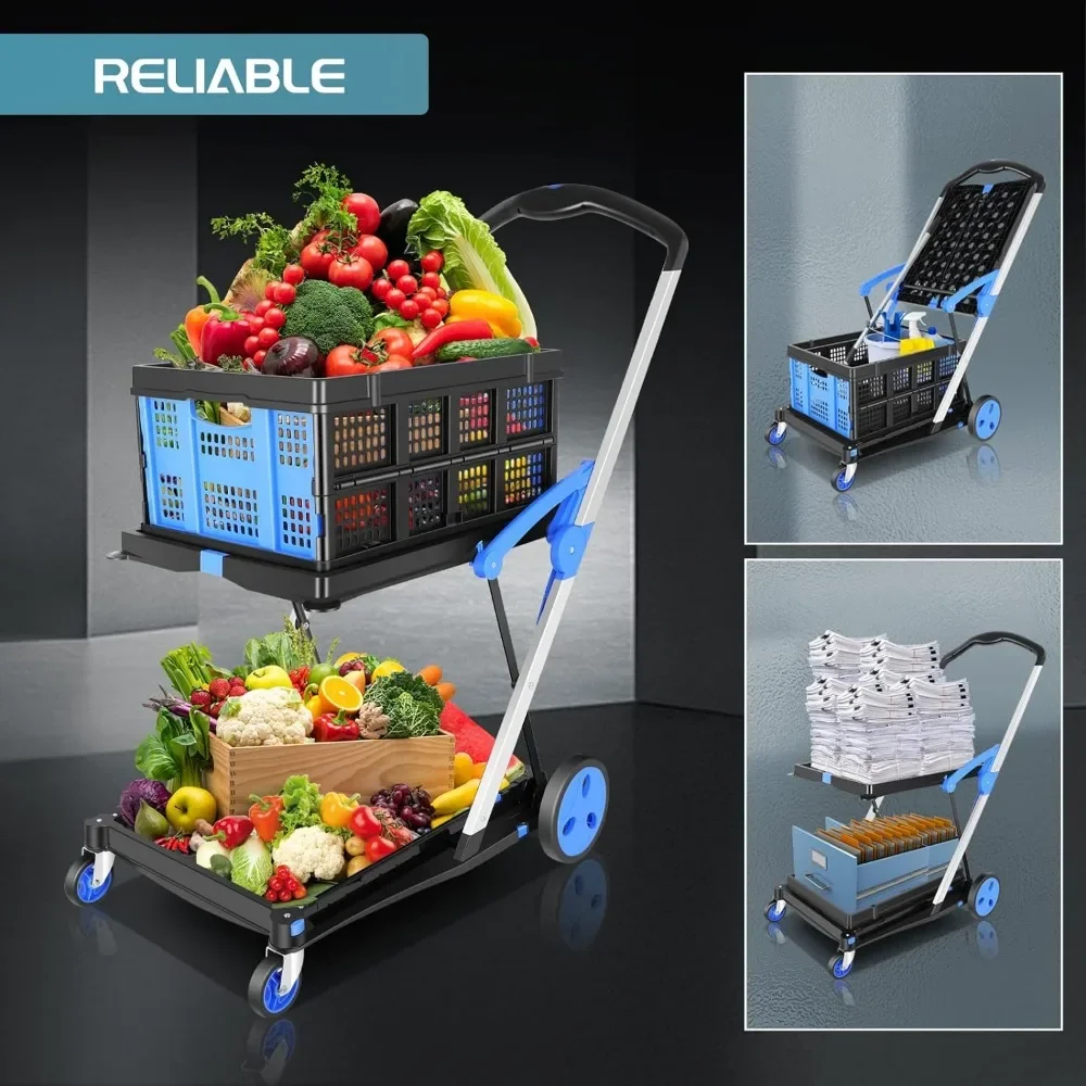 Collapsible Utility Cart,Multi Use Functional Shopping Carts with Storage Crate Adjustable Folding Trolley Lightweight