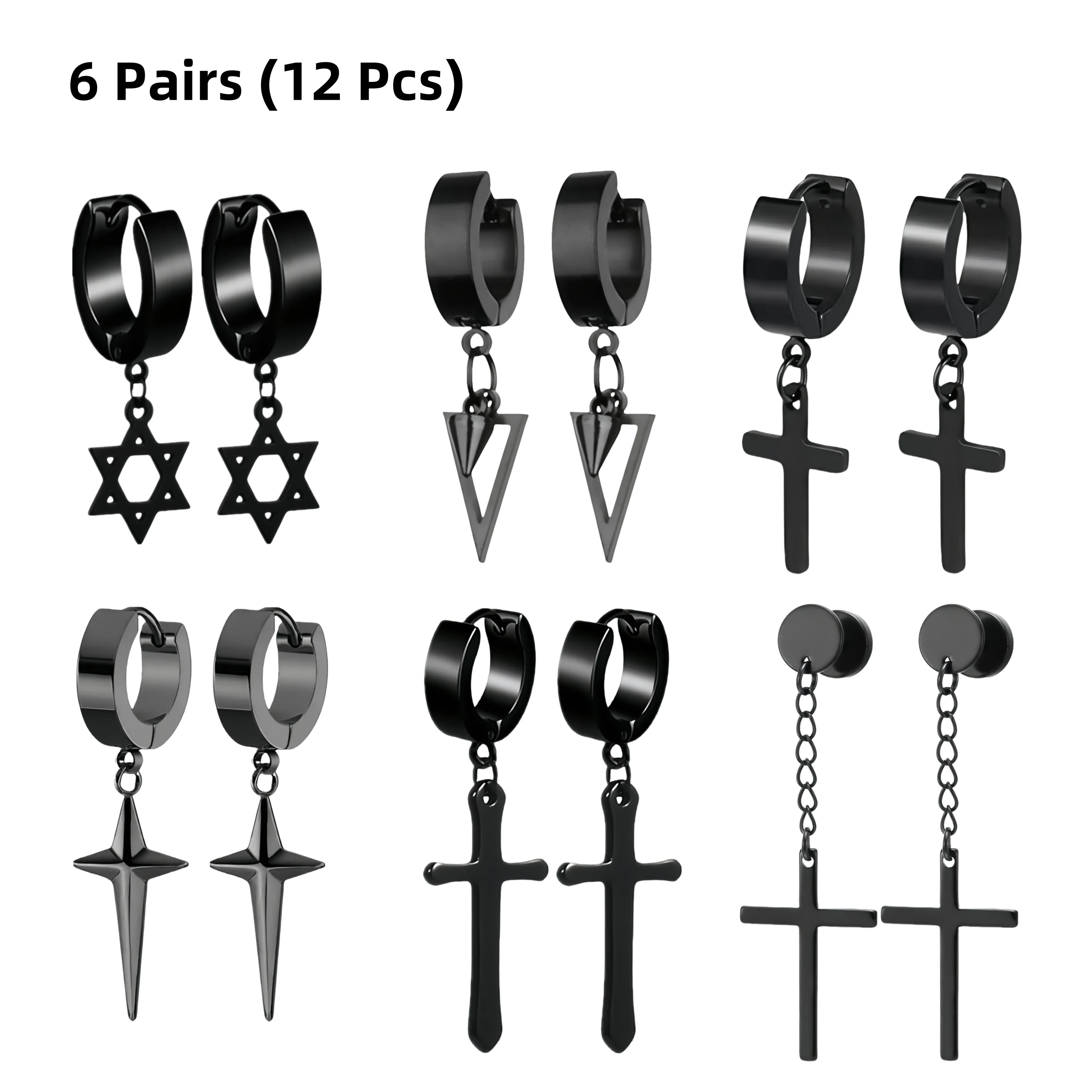 6–9 Paar Punk-Minimalist-Kreuz-Stern-Creolen-Set aus schwarzem Edelstahl für Männer und Frauen, modernes Geschenk, täglicher trendiger Schmuck, neu – Detail 4