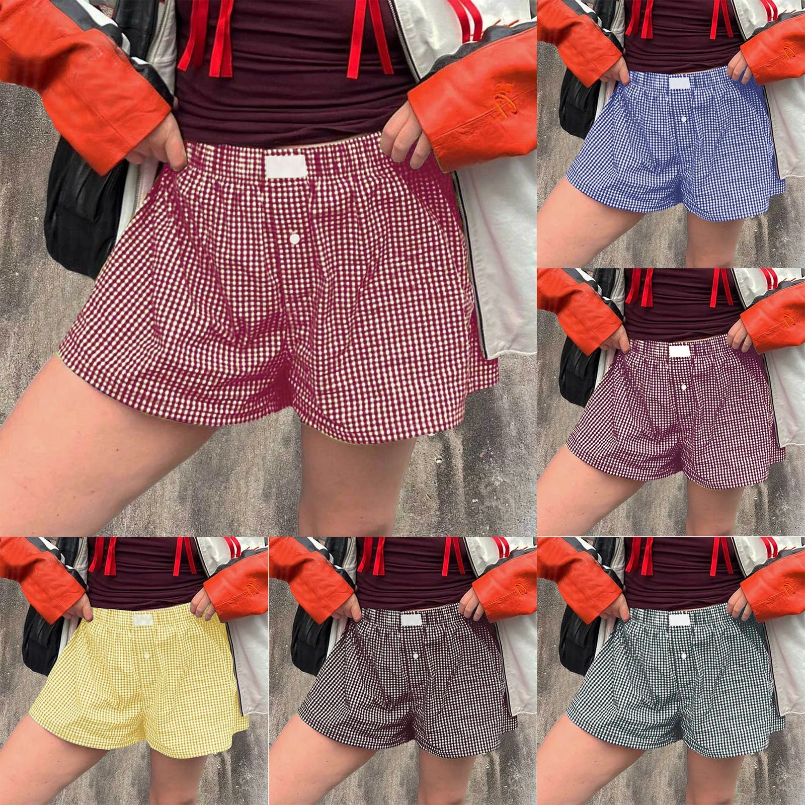 

Women Vintage Summer Plaid Shorts Y2K Fairy Clothes Sweet Girls Elastic Waist Slim Fit Bloomers Pants Loungewear Kawaii Shorts