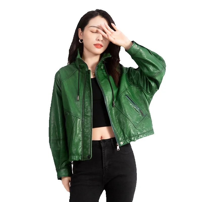 

Куртка из натуральной кожи, женская короткая куртка из масляной вощеной овчины, новая свободная и стройнящая мотоциклетная кожаная куртка