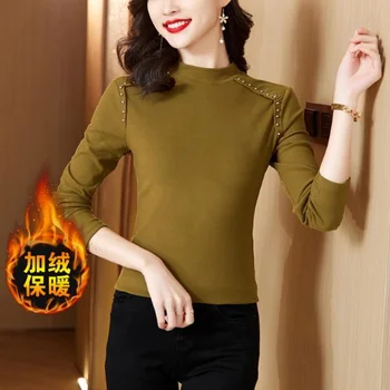 T-shirt a maniche lunghe con fondo nuovo stile da donna in velluto a doppia faccia con mezzo dolcevita autunno e inverno 1