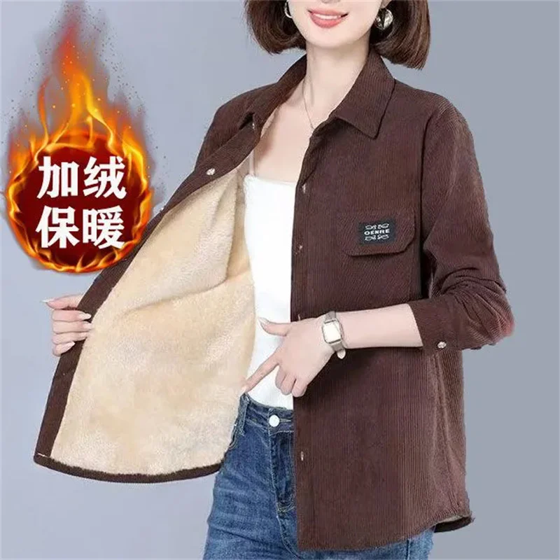 Autumn And Winter New Plus Velvet Padded Soft Corduroy Shirt Women's Casual Korean Version Of The Bottoming Loose Warm Shirt Top
