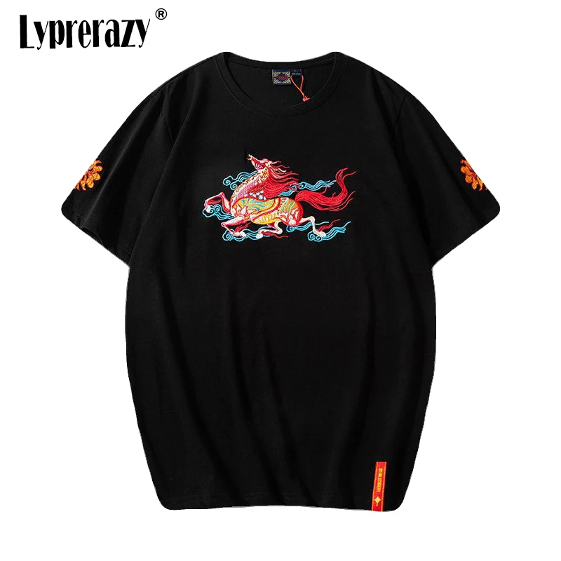 

Lyprerazy Chinese Style Horse Embroidered Short-sleeved T-shirt Men's Summer National Tide Casual T Shirt