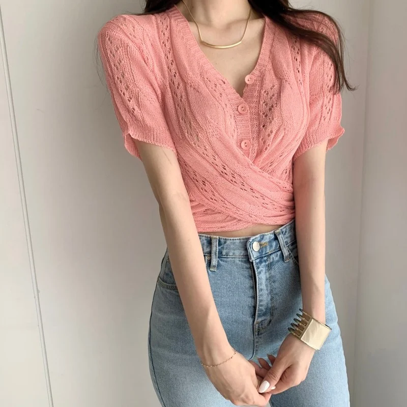 

2024 Korean Casual Cardigans Tops Chic V-neck Twisted Waist Cutout Short-sleeved Knitted Sweater T-shirts Pop Summer Female Tees