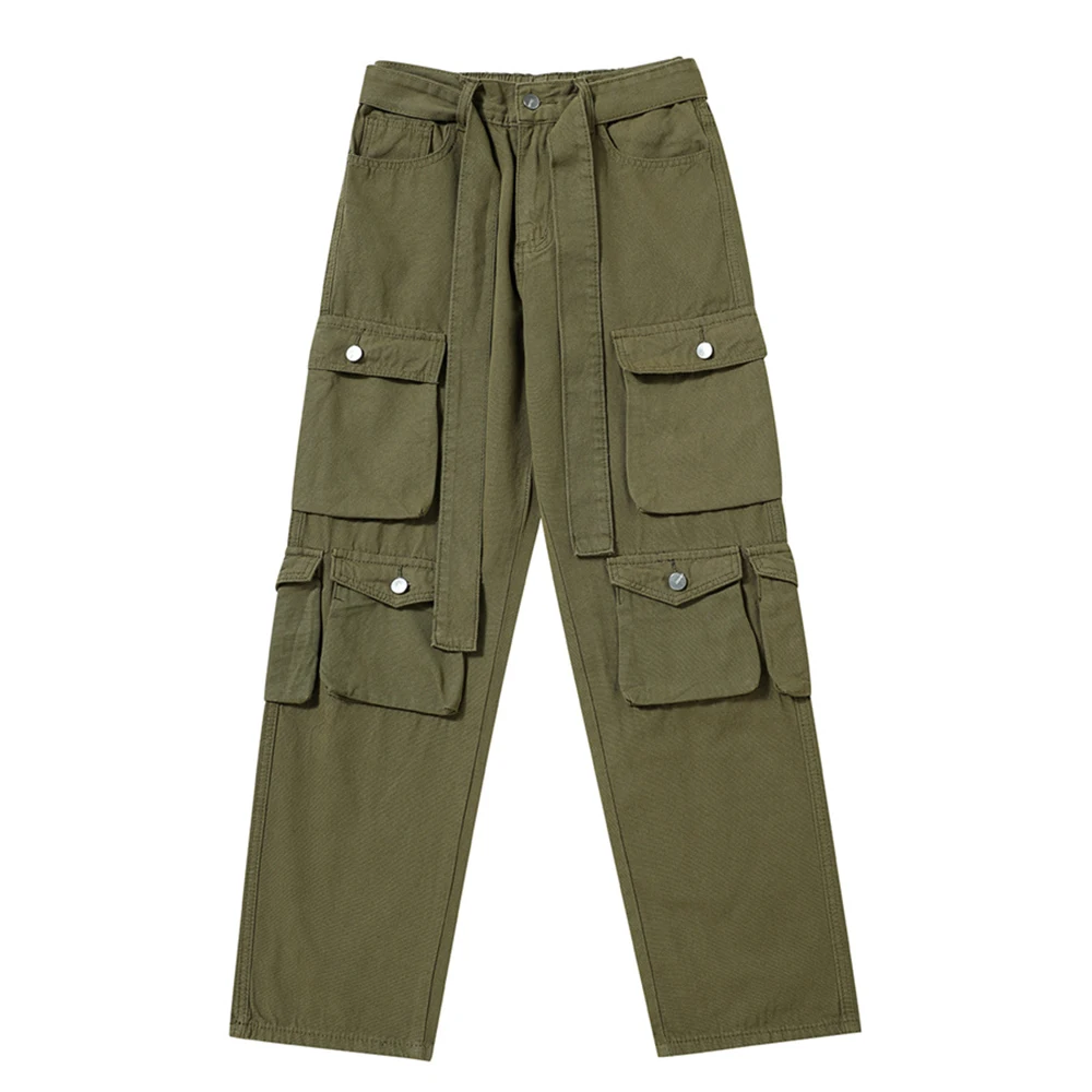 

Multiple Pockets Cargo Pants Men Women with Waist Band Straight Army Green Men's Pants Trousers