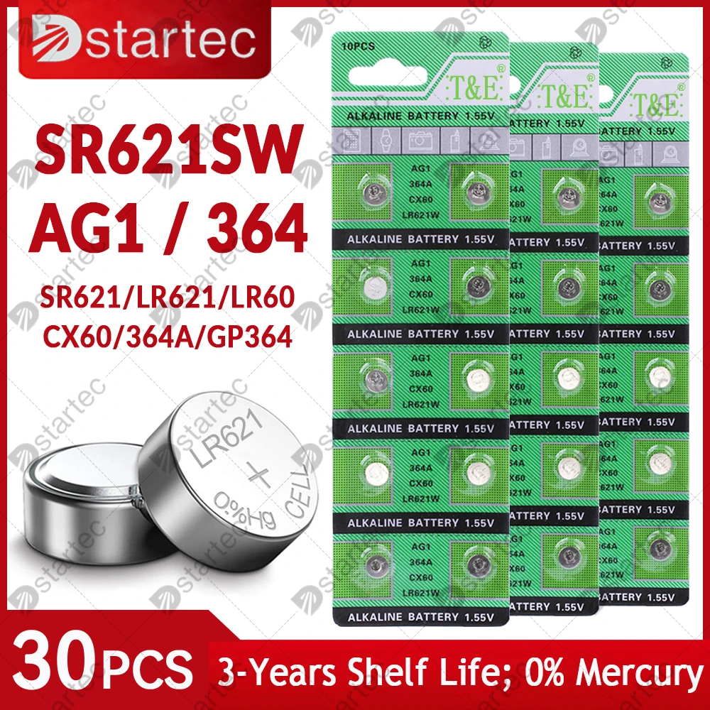 Dstartec 30Pcs Batteria A Moneta Ag1 Lr621 364 Batteria Alcalina A Bottone A Bottone 1.55V Sr621Sw 364A L621 Per Orologi Giocattoli No Mercury