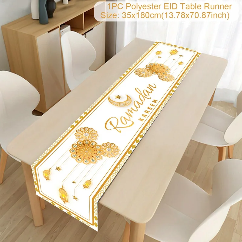 Ramadan Table Runner - Eid Mubarak Mosque Islamic Golden Moon Decor (13x72 Inch)