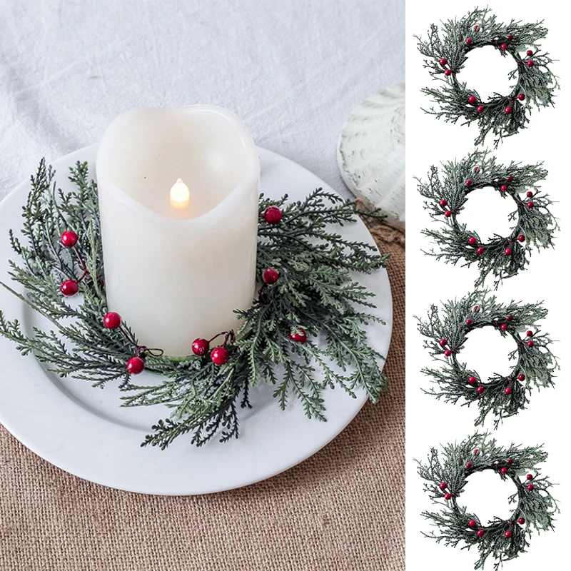 20cm Wedding Table Red Fruits Candle Ring Artificial Leaves Wreath Candle Wreaths Artificial Pine Branches Christmas Home Decor