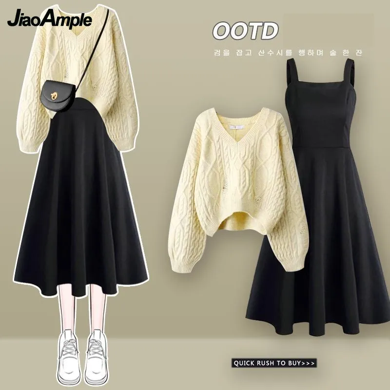 Women\'s Autumn Winter Suit 2023 New Loose Hole Sweater Dress Two Piece Korean Elegant V-Neck Knit Pullover Strap Skirt Set