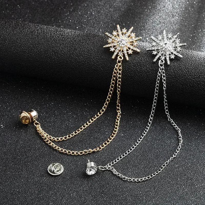 Rhinestone Star Brooch Crystal Tassel Chain Corsage Suit Coat Badge Lapel Pin for Men Women Clothing Accessories