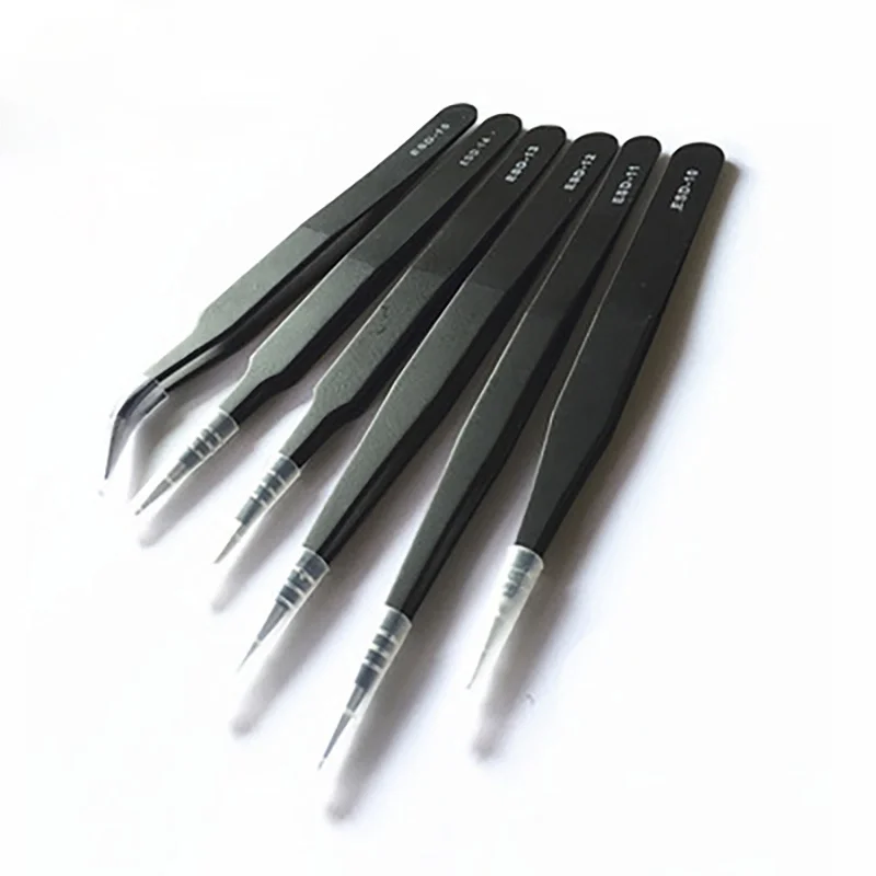 6pcs esd antistatic stainless steel tweezer set maintenance repair tool kit antistatic model making tool hand set esd anti static tweezers
