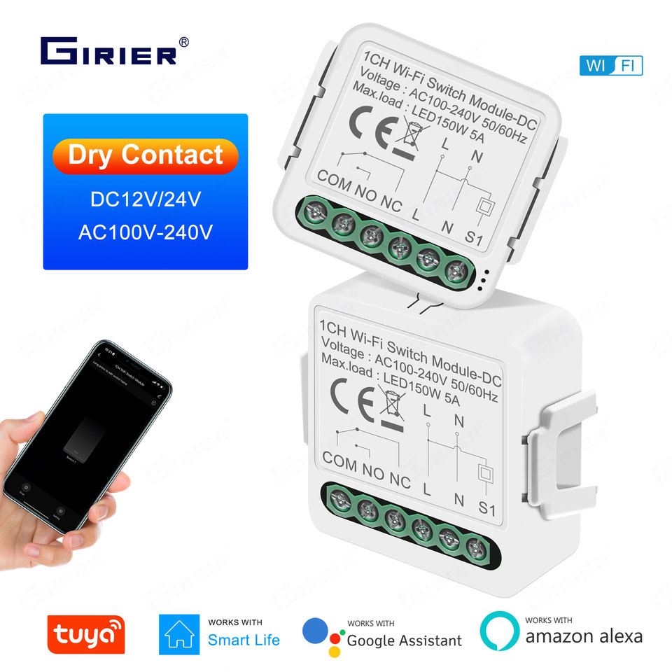 GIRIER Smart Dry Contact WiFi Switch Module Smart Home DIY Breaker Relay DC 12/24V AC 100-240V Compatible with Alexa Google Home