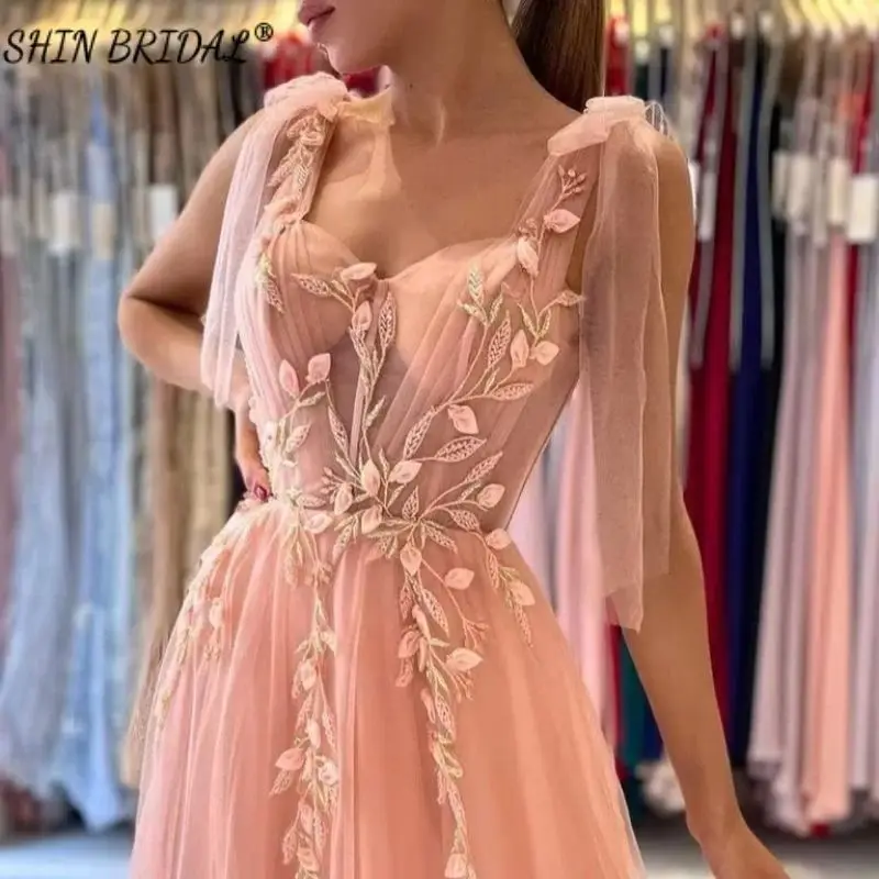 

SHIN BRIDAL Tulle Lace Appliques High Slit Spaghetti Straps Evening Dress For Women Sweetheart Backless A Line Wedding Dresses