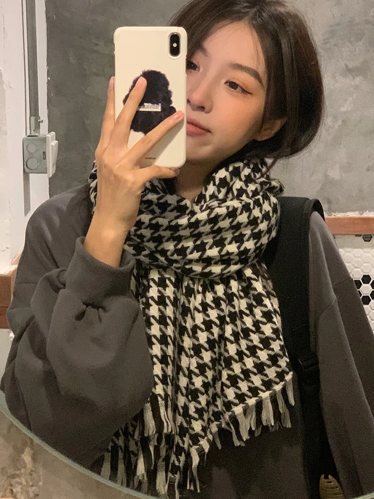 New 2023 Autumn Winter Preppy Plaid Vintage Scarf Women Men Houndstooth Scarve Pashmina Mujer Foulard Bufanda Pareo Wrap Shawl