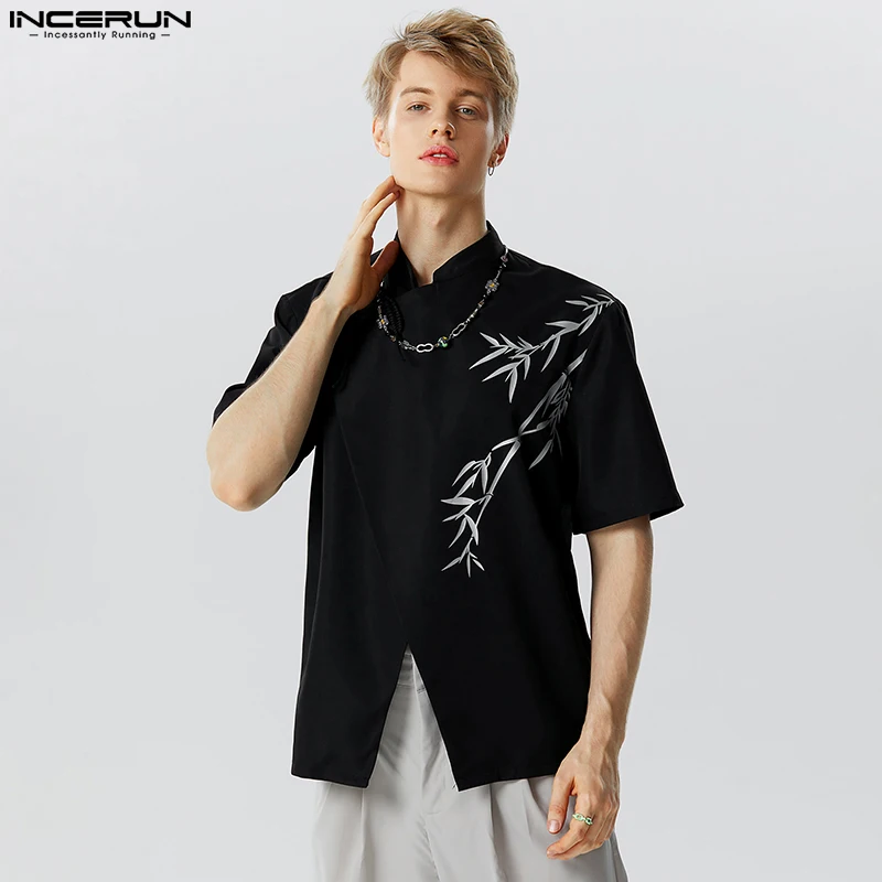 

Chinoiserie Tops 2023 New Men's Gradual Embroidery Bamboo Print Shirts Casual Diagonal Placket Buckle Short Sleeve Blouse S-5XL