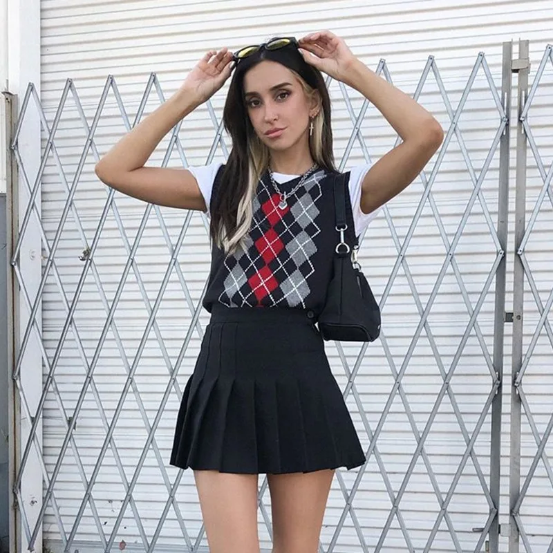 

Women College Style Diamond Plaid Cotton Knit Vest