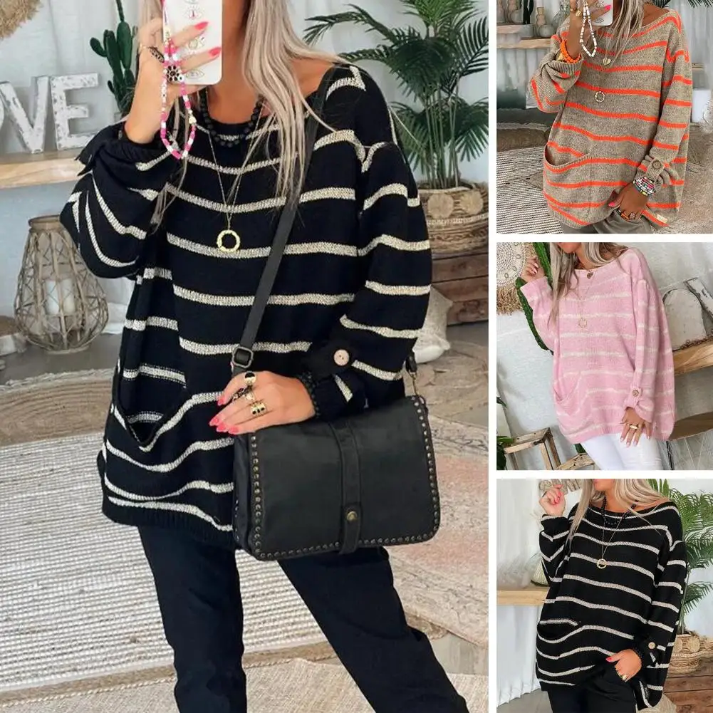 

Women Autumn Oversized Sweater Elegant O-Neck Long Sleeve Striped Splicing Color Pocket Loose Pullover Elegant Knitting Jumper