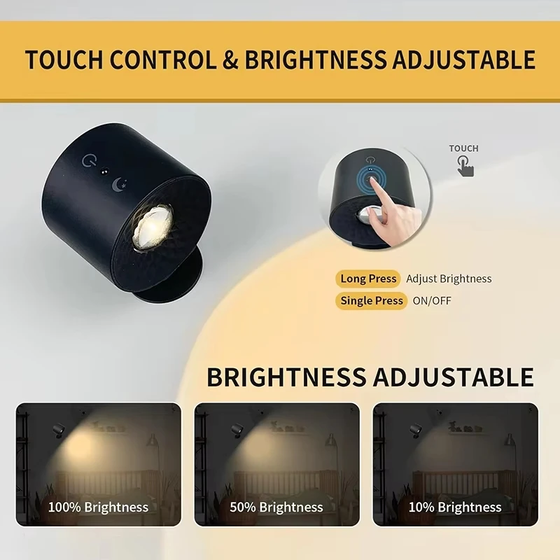 LED Mini Magnetic Wall Lamp Dual Head Touch Control Remote Wireless Portable Night Light 360 Rotatable USB Recharge Ambient Lamp 3