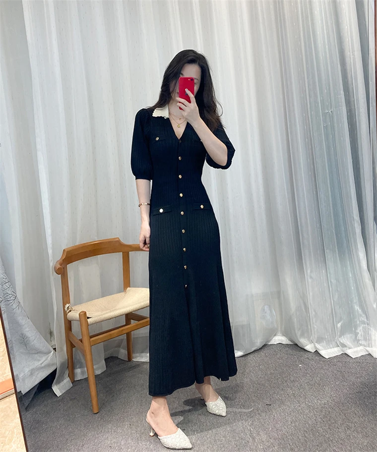 Autumn Elegant Knitted Dresses for Women Patchwork V-neck Puff Sleeve Single Breasted Midi Dress Fashion Ladies Vestidos Femme