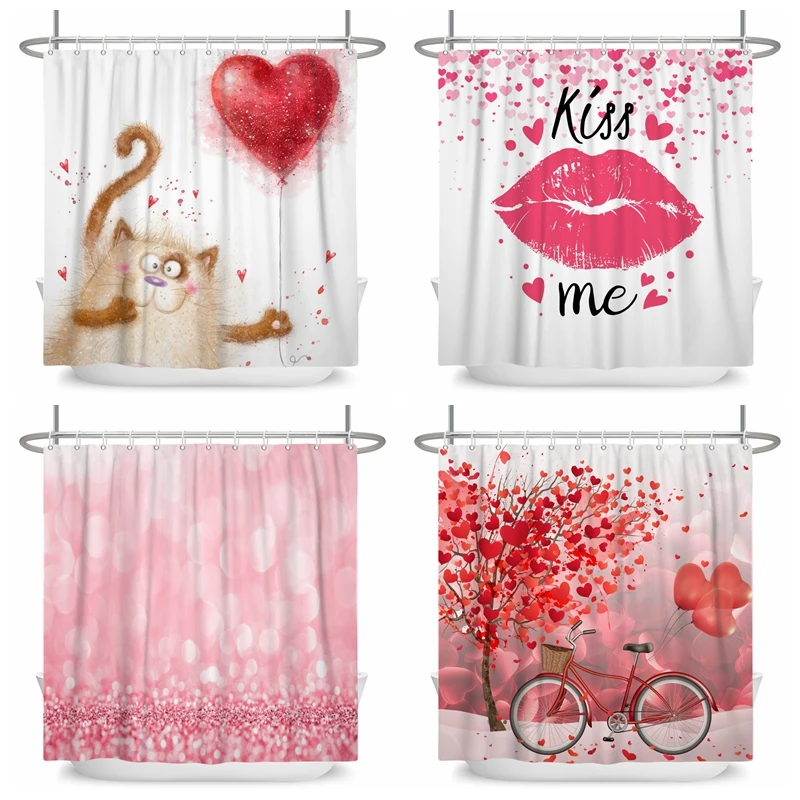 

Red Love Heart Bath Curtain Waterproof Polyester Shower Curtains Bath Curtain for Bathroom Home Decor with Hooks