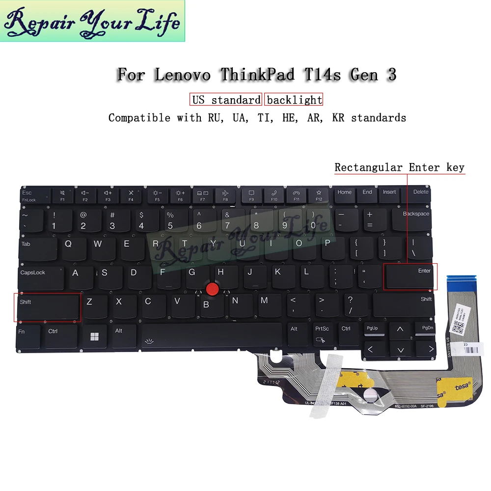 Teclado Retroiluminado dos Eua e da Rússia para Lenovo Thinkpad T14s Gen tipo 21br 21cq 21cr Ru-en Eng Sn21d68484 21bs 21cq 21cr - Imagem 6