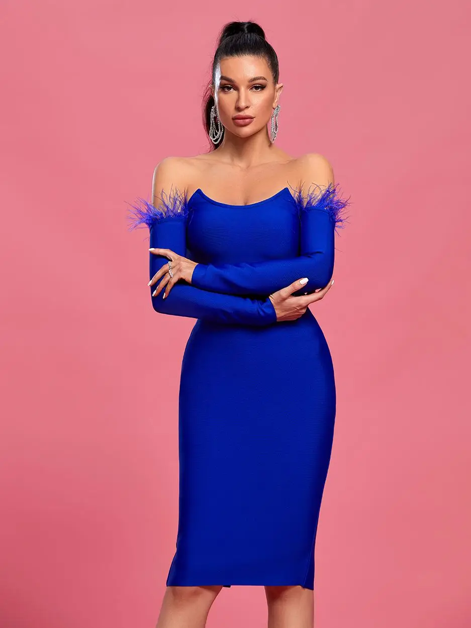 Blue Bandage Dress Celebrity Women Bandage Dress Feathers Bandage