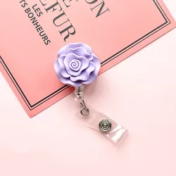 Elegant Resin Rose Retractable Badge Holder with Lanyard Clip (Purple)