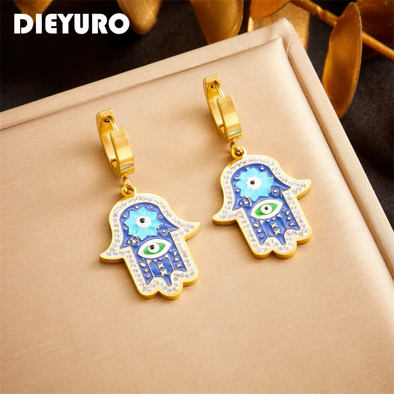 DIEYURO 여성용 빈티지 블루 핸드 아이 귀걸이, 316L 스테인레스 스틸, 패션, 새로운 귀 쥬얼리, 레이디 선물, 파티