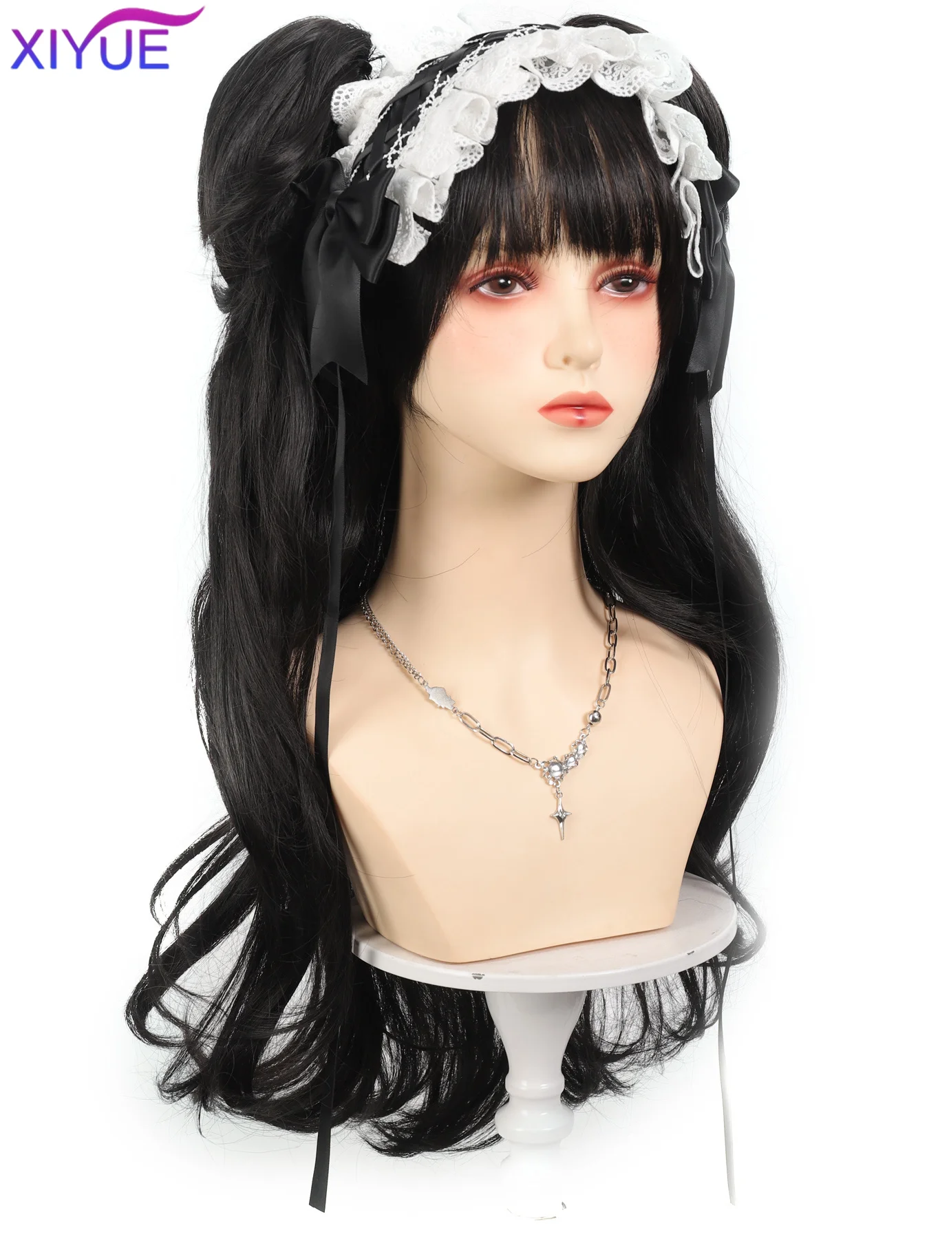 Synthetic Black Wig with Long Ponytail Short Straight Wig Lolita Cosplay Party Harajuku Blonde Wig With Bangs for Women