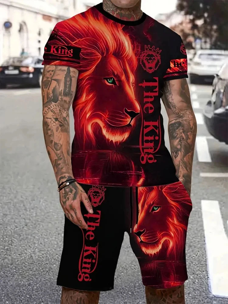 New Men's Summer Casual Everyday Short Sleeve and Shorts Set Cool The Lion King Print T-Shirt and Drawstring Short Set Men's Set 4