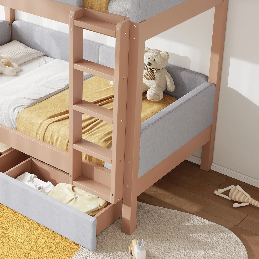 90x200cm Etagenbett, Babybett, weicher Anti-Kollisions-Schaumstoffrand, viereckige gerade Treppe, mit 2 Schubladen, stabiles Lattenrost – Detail 22
