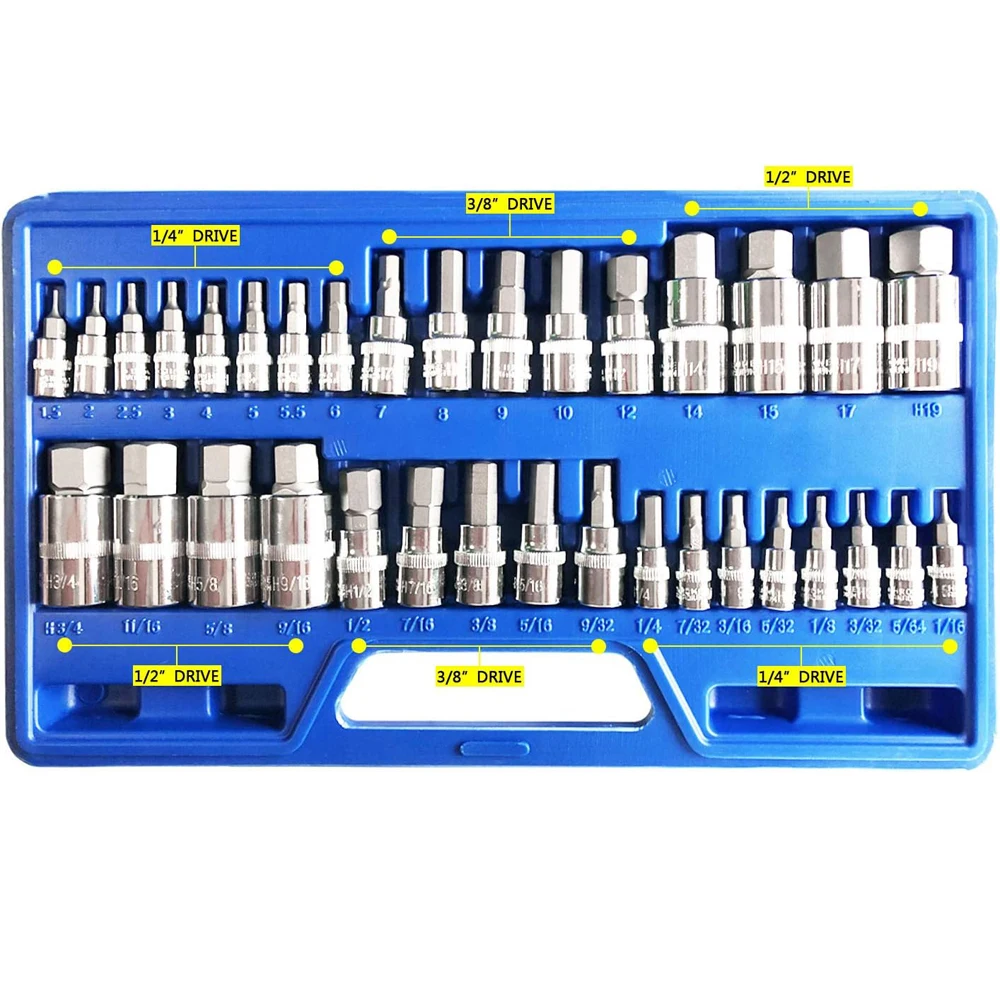 34pcs Master Hex Bit Socket Set Allen Wrench Bit Kit Hex Key for Ratchet Socket Tool SAE and Metric 3/8, 1/4, 1/2 Drive Socket 3