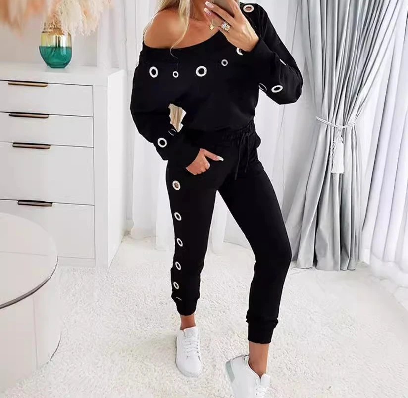 Womens Two Peice Sets 2024 Summer Fashion Skew Neck Long Sleeve Eyelet Top & Casual Long Pants Set Slim Woman Clothes Outfits house of errors sweater high quality knitted jacquard 3d eyelet casual mens womens knitted sweater