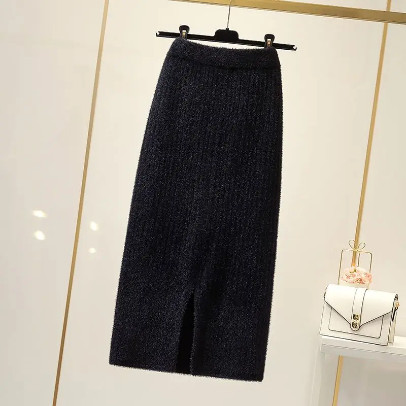 

Women High Waist Knitted Skirts Solid Elastic Knitting Striped Vertical Female Autumn Winter Warm Mid-Long T793