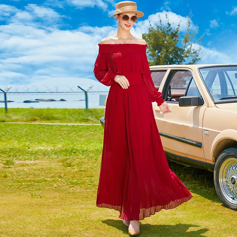 

Spring Summer Slash Neck Long Dress Long Sleeve Pleated Dress for Women Party Evening Clothing Ball Gown Birthday Dress Red