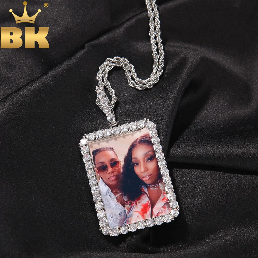 TBTK 2 Sizes Rectangle Shape Photo Pendant Iced Out Cubic Zirconia Can be Engraved Name Custom Picture For Memory Gift