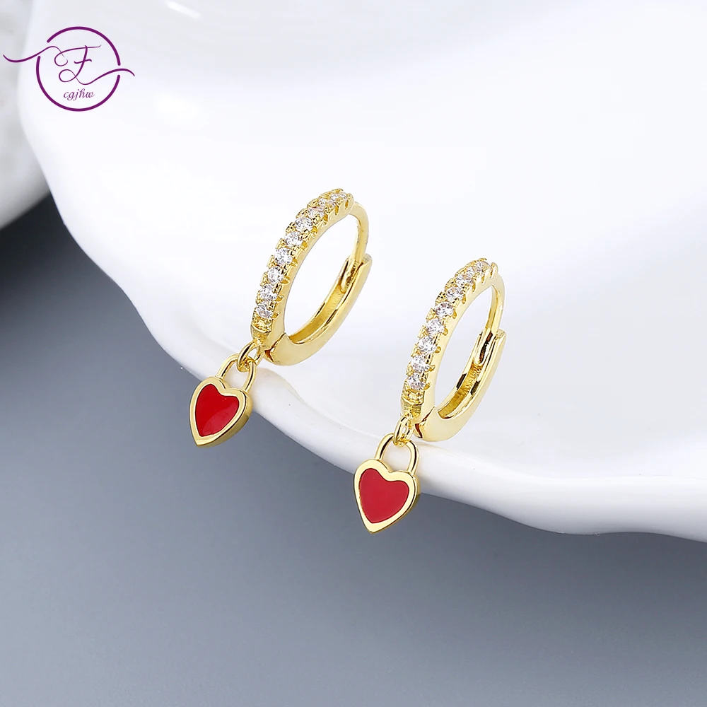 

Sterling Silver 925 Red Love Heart Hoop Earrings for Women Romantic Wedding Gold Ear Jewelry Inlaid Clear Zircon Party Gift