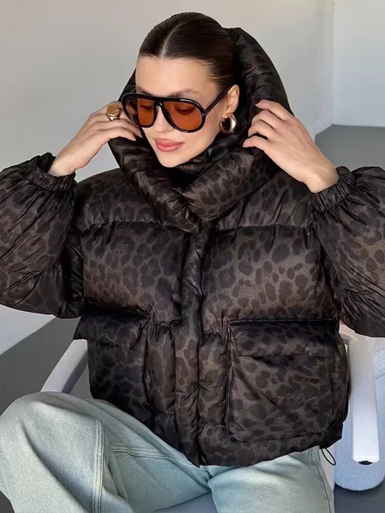 Women's Winter Jacket Hooded Leopard Print Short Parkas Coats For Women Street Thick Warm Casual Stand Collar Zipper Down Coat ﻿