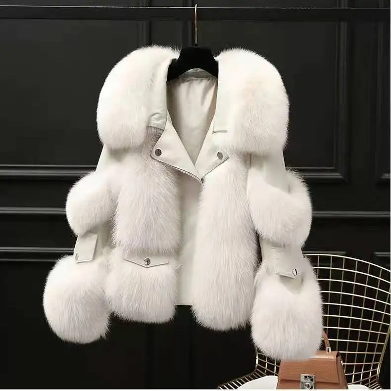 Women Fashion Thick Warm Faux Faux Fur Fox Jacket Coat Vintage Long Sleeve Belt Hem Female Winter Coat Women Outerwear Chic Tops