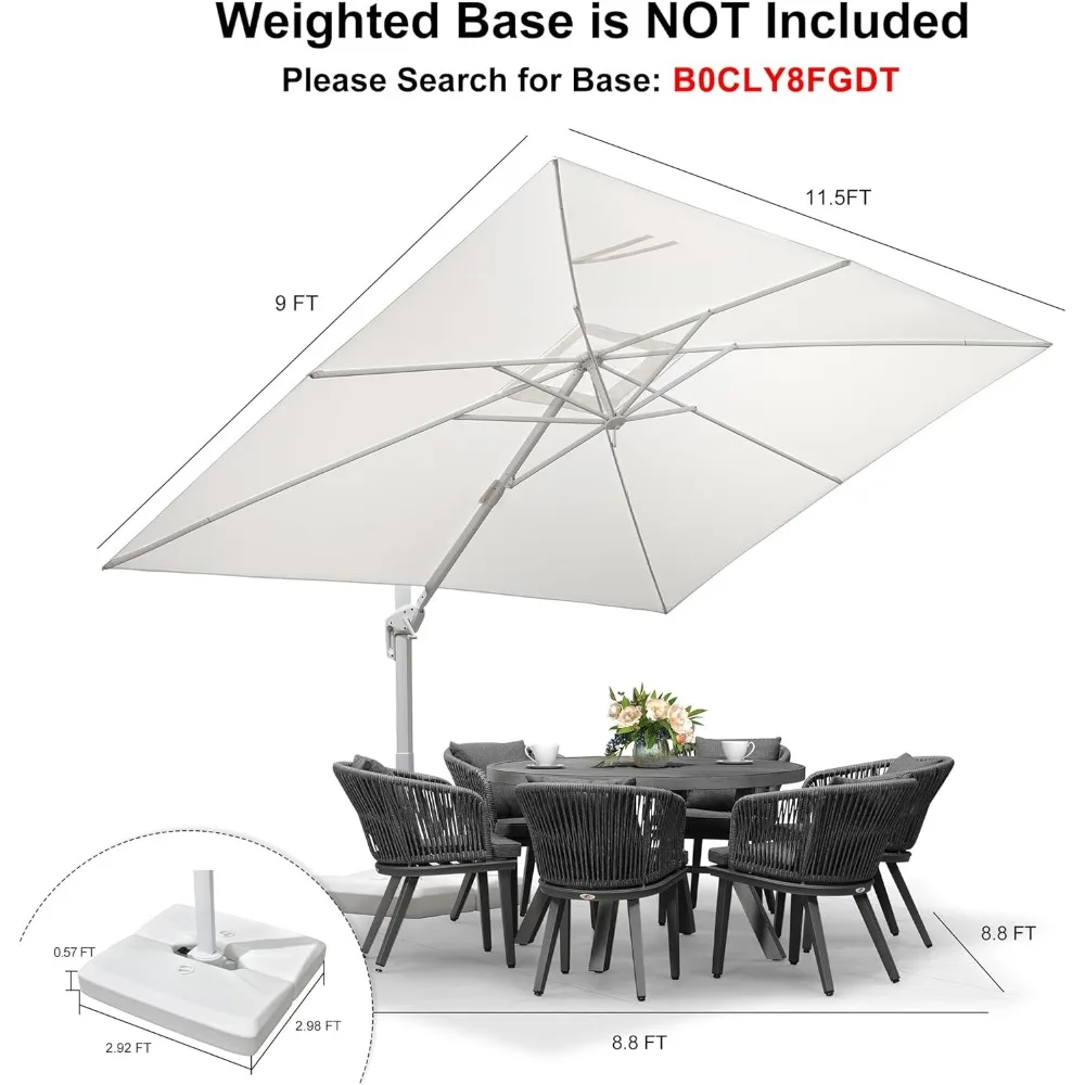 9' &times; 11.5' Patio Umbrella White Cantilever Umbrella Aluminum Square Outdoor Offset Hanging Windproof with 3