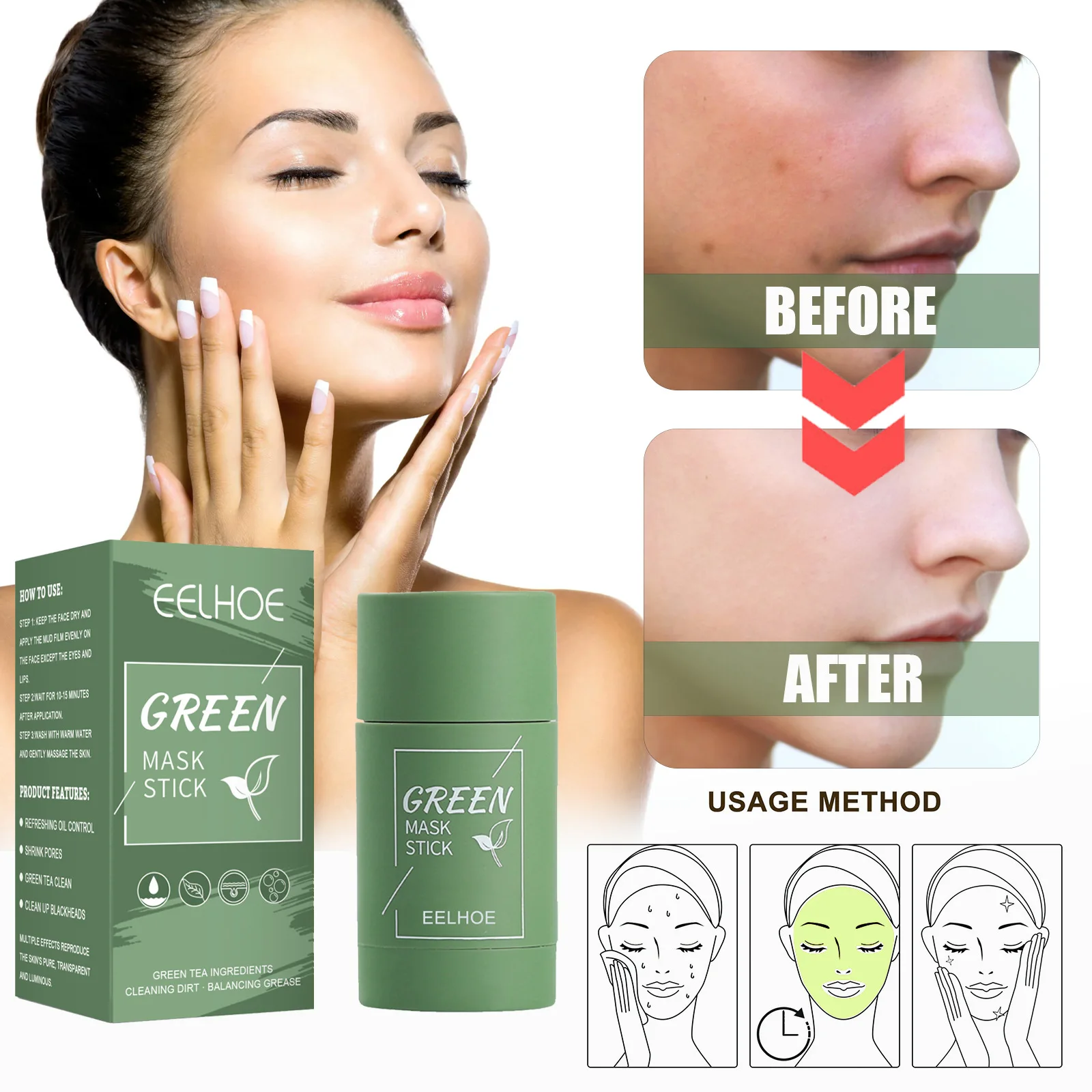 

EELHOE Green Tea Solid Facial Mask Deep Cleaning And Moisturizing Facial Mask Stick Pore Shrinking Smearing Mud Film Stick