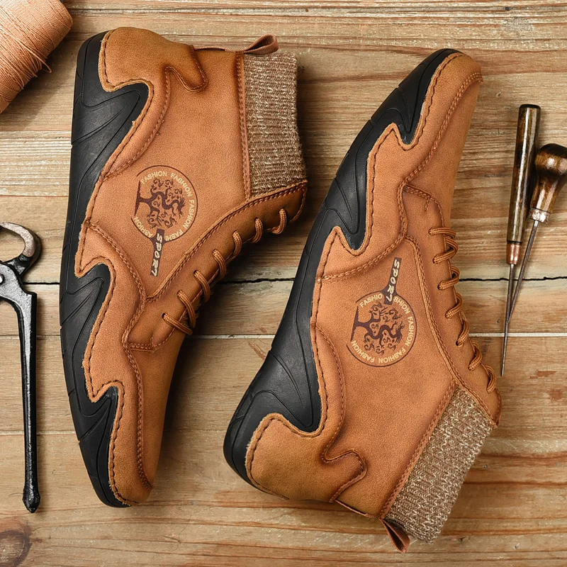 Leather Men Boots Men Casual Shoes Sneakers High Top Western Ankle Boots Waterproof Winter with Fur Super Warm Snow