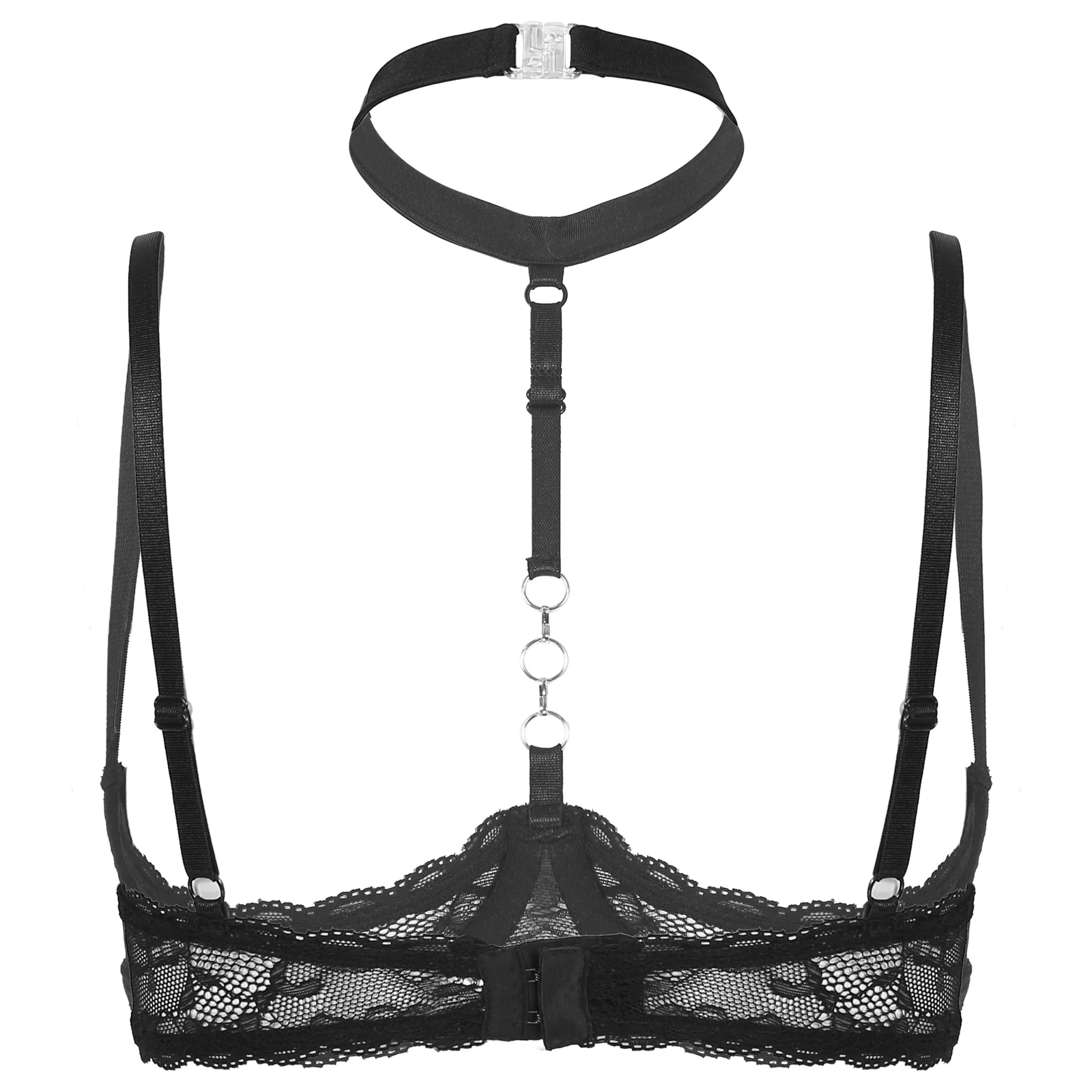 Womens Halter Neck O Ring 1/4 Cups Underwire Bra Sheer Lace Push Up Brassiere Breast Underwear Adjustable Spaghetti Straps Tops