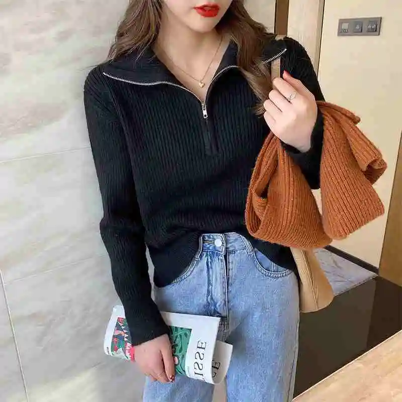 Knitted Sweater Women Pullovers New Long Sleeve Turn Down Collar Knit Sweater Pullover Women Tops Sweaters Sueter Feminino Q1008 4