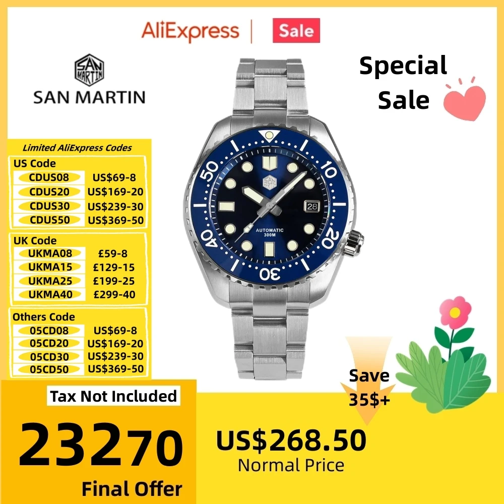 San Martin Diver MM300 NH35 Automatic Men Mechanical Watches Luxury Sapphire Ceramic Bezel 30Bar Waterproof Luminous Date SN0086