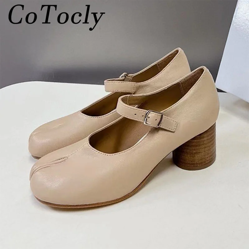 

New Round Heels Shoes Woman Pumps One Strap Split Toe Ballet Shoes Genuine Leather Slingback High Heels Mary Janes Shoes Women