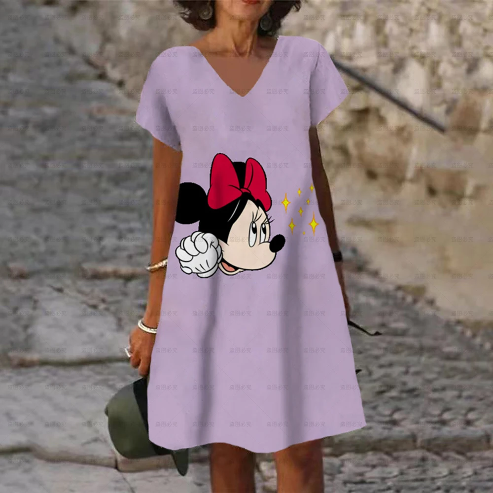thumbnail image 1 of Vestido sexy de manga corta con escote en V y estampado negro puro de Mickey Mouse de Disney 2024, vestido largo informal versátil y sexy para mujer, 1 of 4