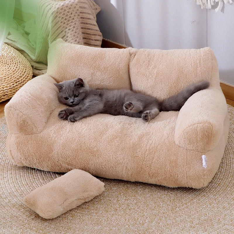 Winter Warm Pet Sleeping Cushion - Cat Bed Sofa with Detachable Plush, Kitten Dog Kennel, Non-slip Mats - Puppy House Basket Supplies for Gatos