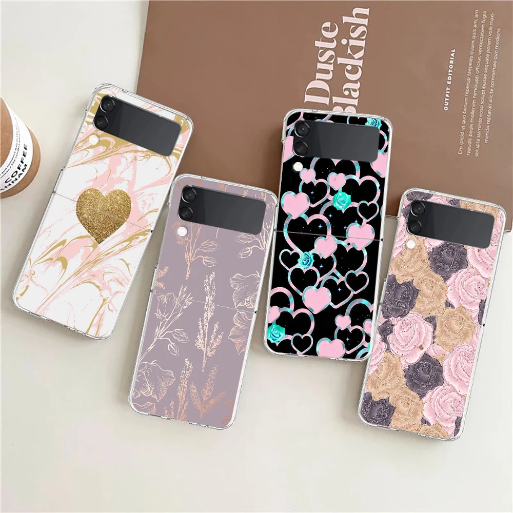 Gold Rose Love Heart Design Hard Folding Clear Phone Case - Elegant Protective Back Cover